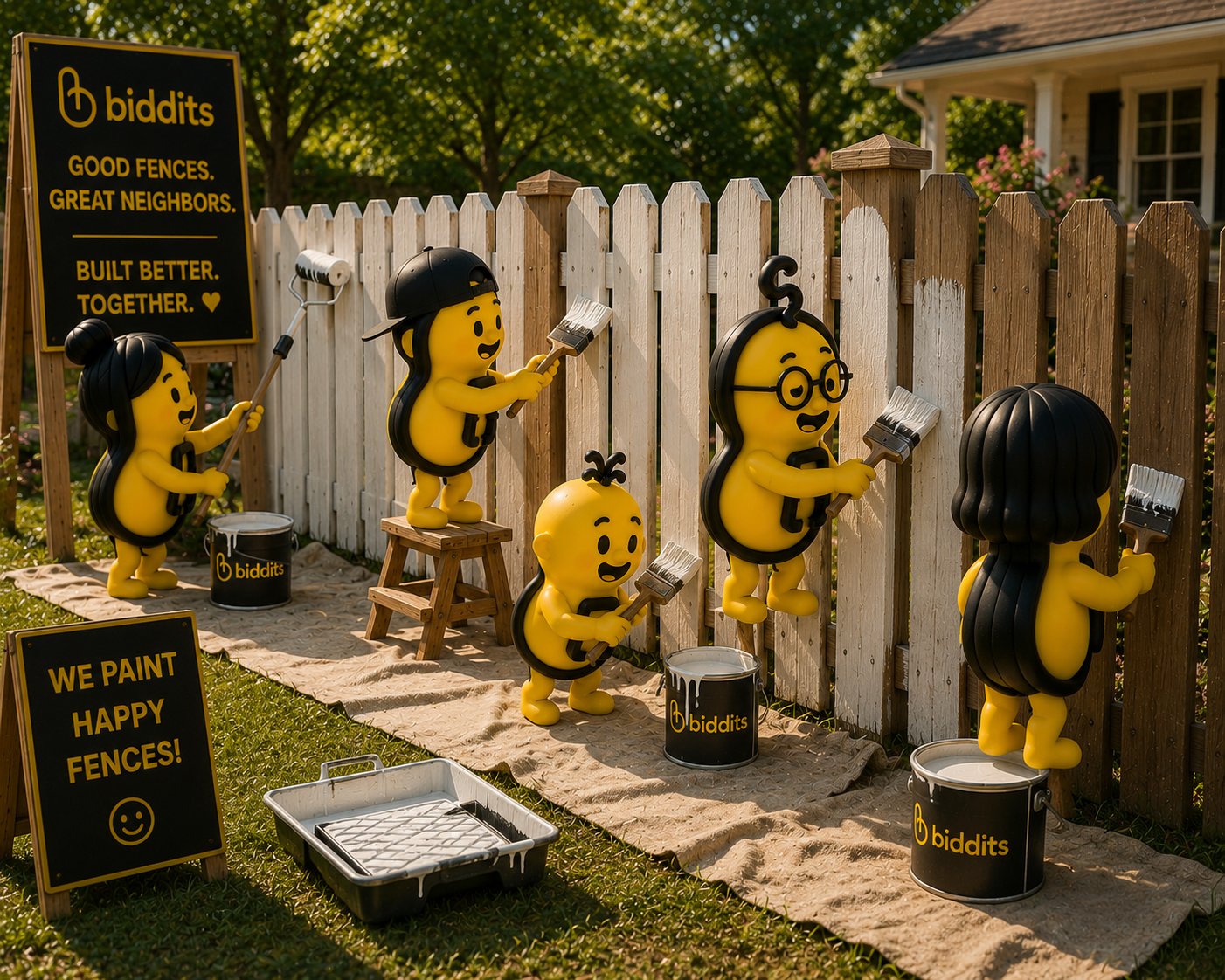 Biddits painting a fence