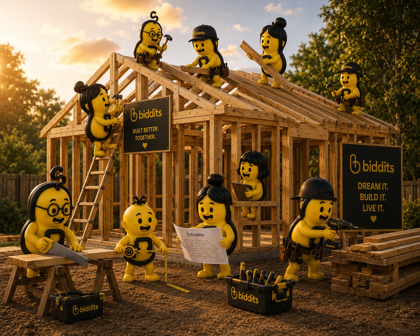 Biddits framing a house