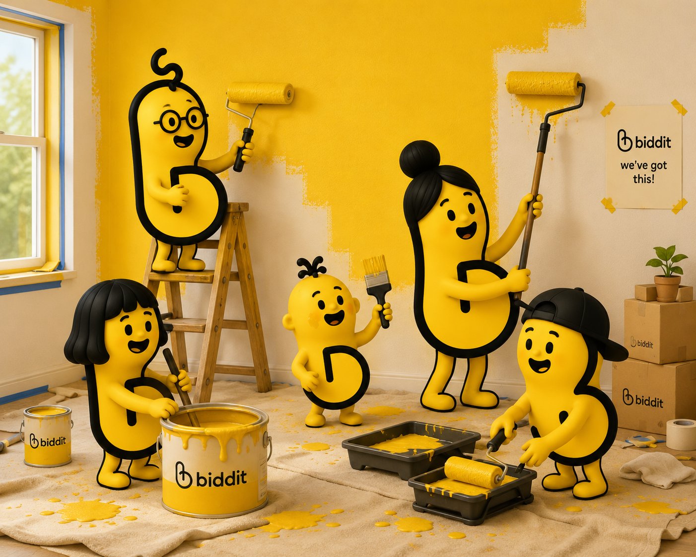 Biddits painting a room