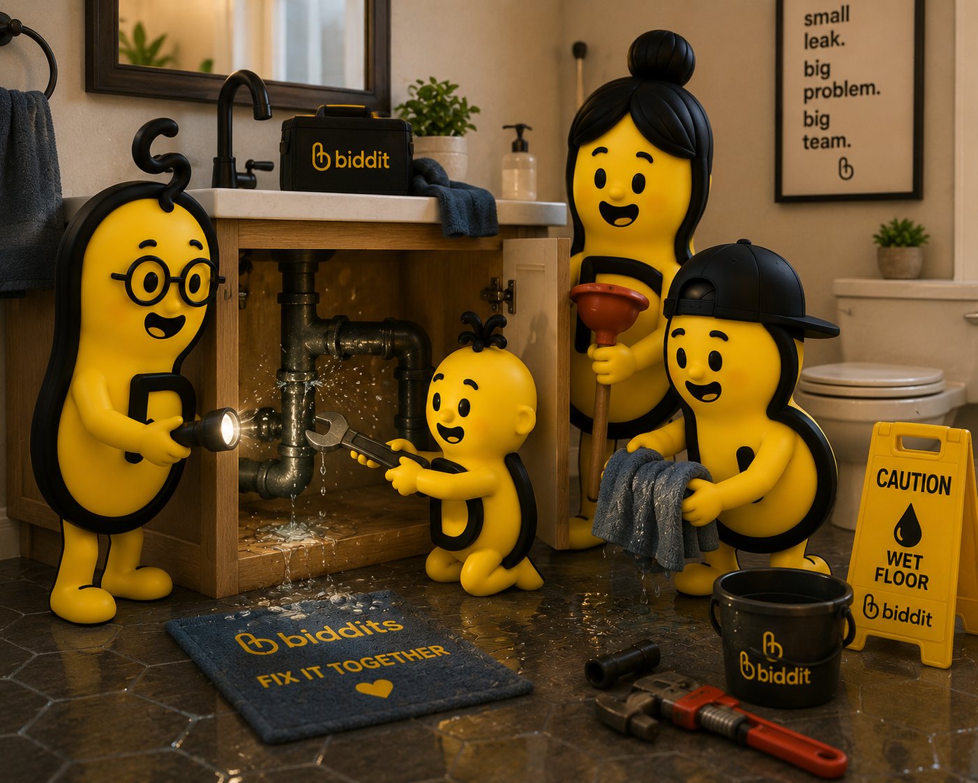 Biddits fixing a plumbing leak together