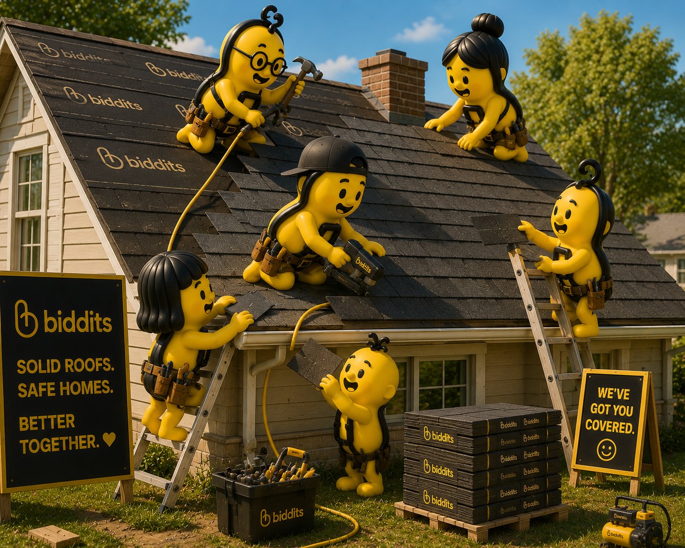 Biddits re-roofing a home