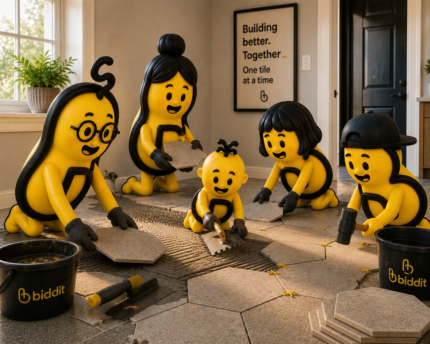 Biddits laying tile